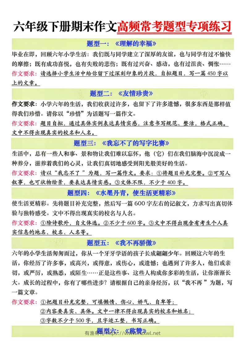 26新六年级下册语文期末作文高频常考题型专项练习-有渔有礼