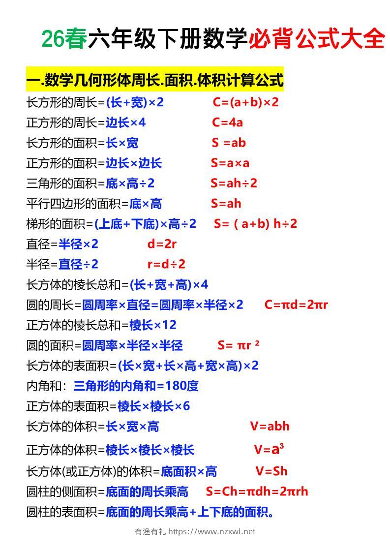 26春六年级下数学期末必背公式大全-有渔有礼