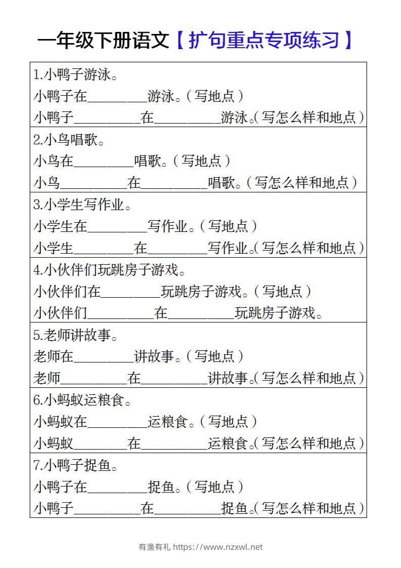 一年级下册语文扩句重点专项练习-有渔有礼
