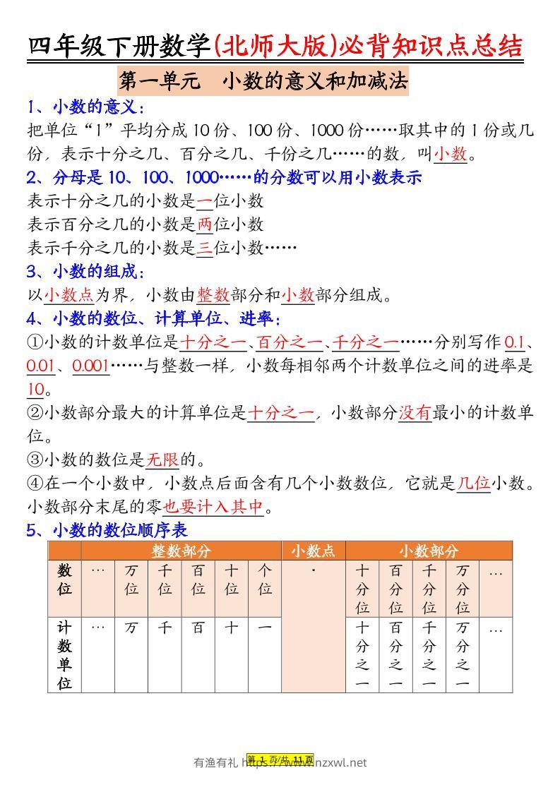 四年级下数学知识要点归纳《北师版》-有渔有礼
