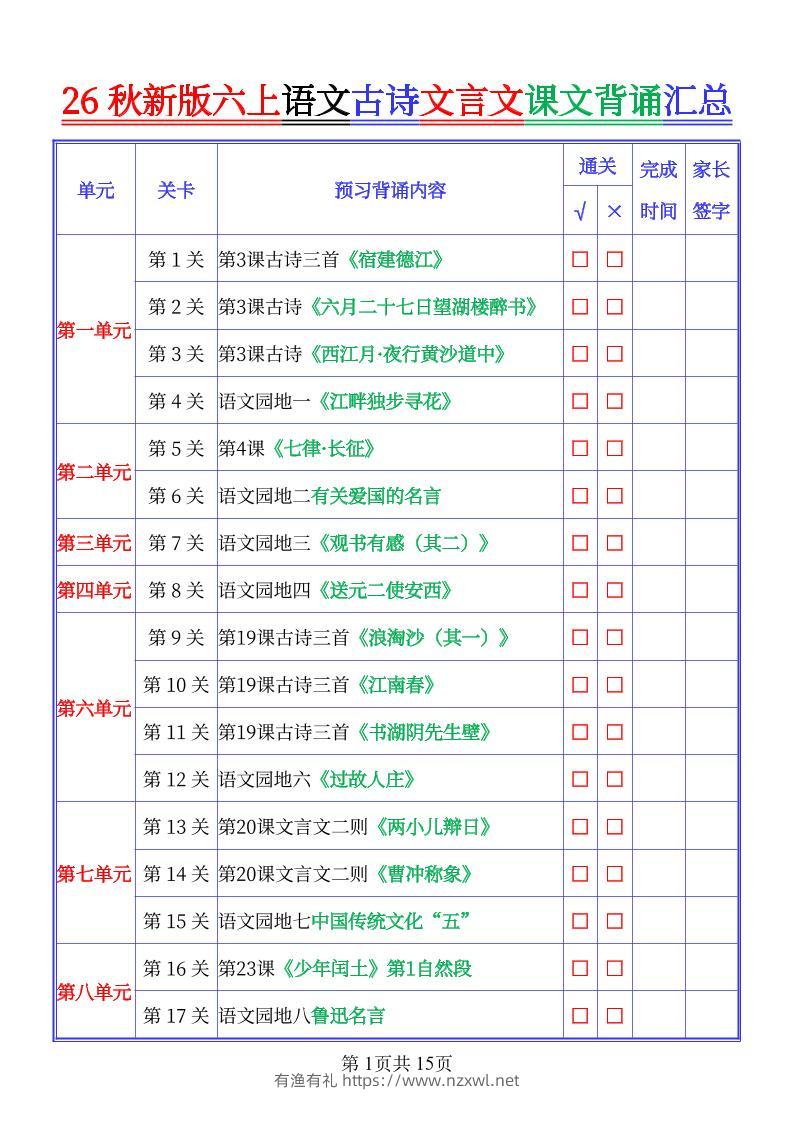 26秋新六上语文古文文言文课文背诵内容汇总-背诵版-有渔有礼