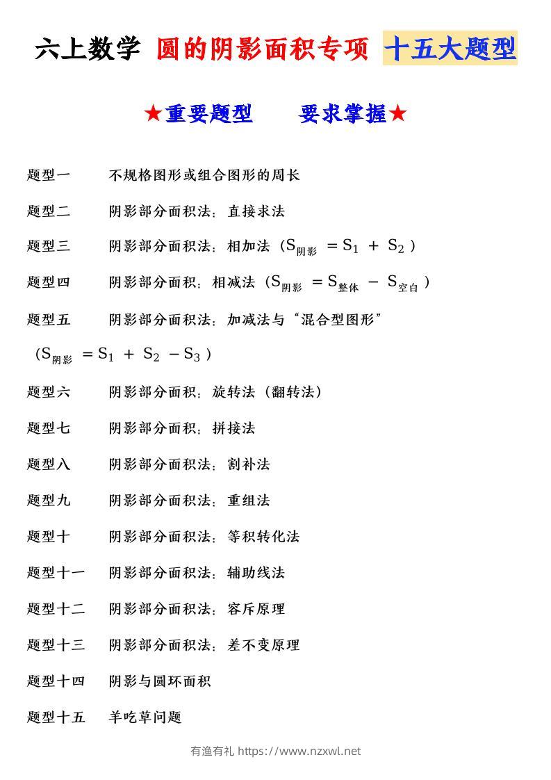 六上数学圆的阴影面积专项十五大题型-有渔有礼