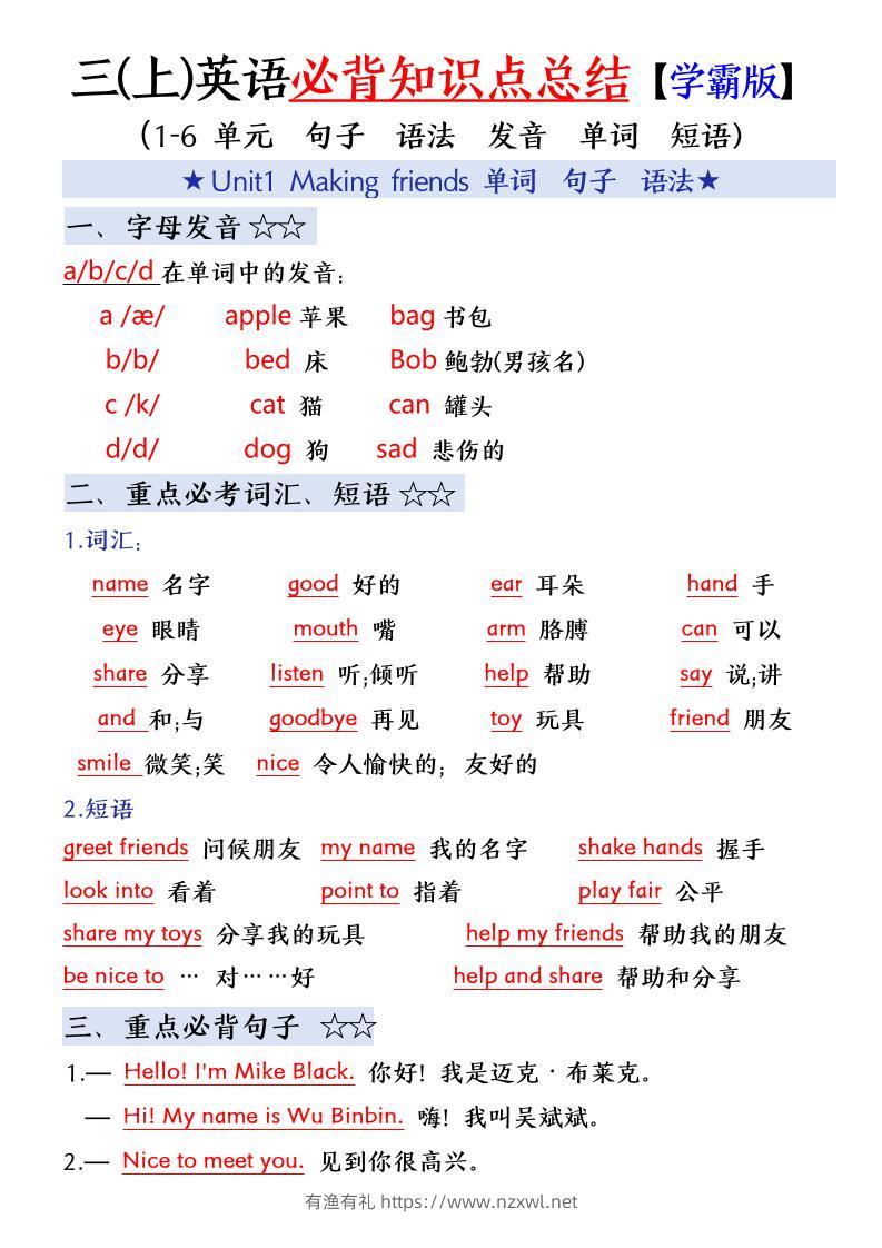 三年级(上)英语必备知识点总结-有渔有礼