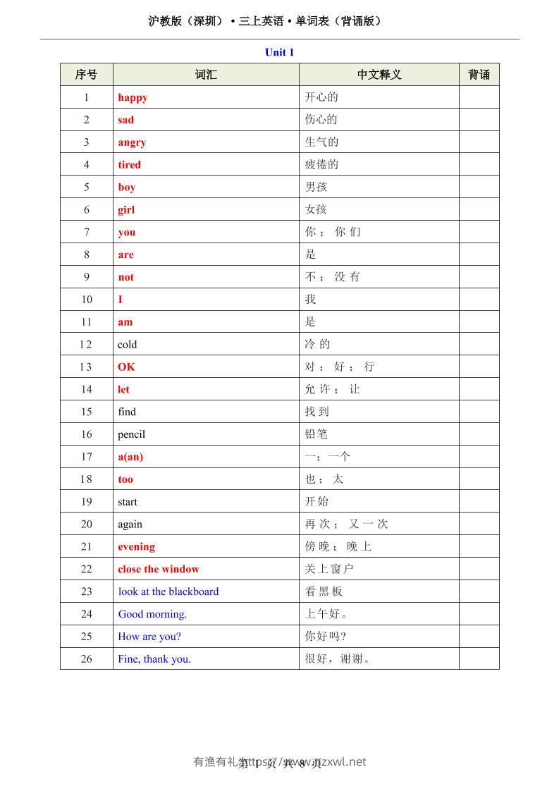 沪教版（深圳）·三上英语·单词表（背诵版）-有渔有礼