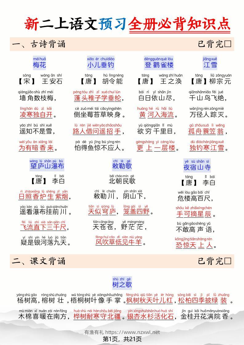 26新二上语文暑假预习全册必背知识点21页-有渔有礼
