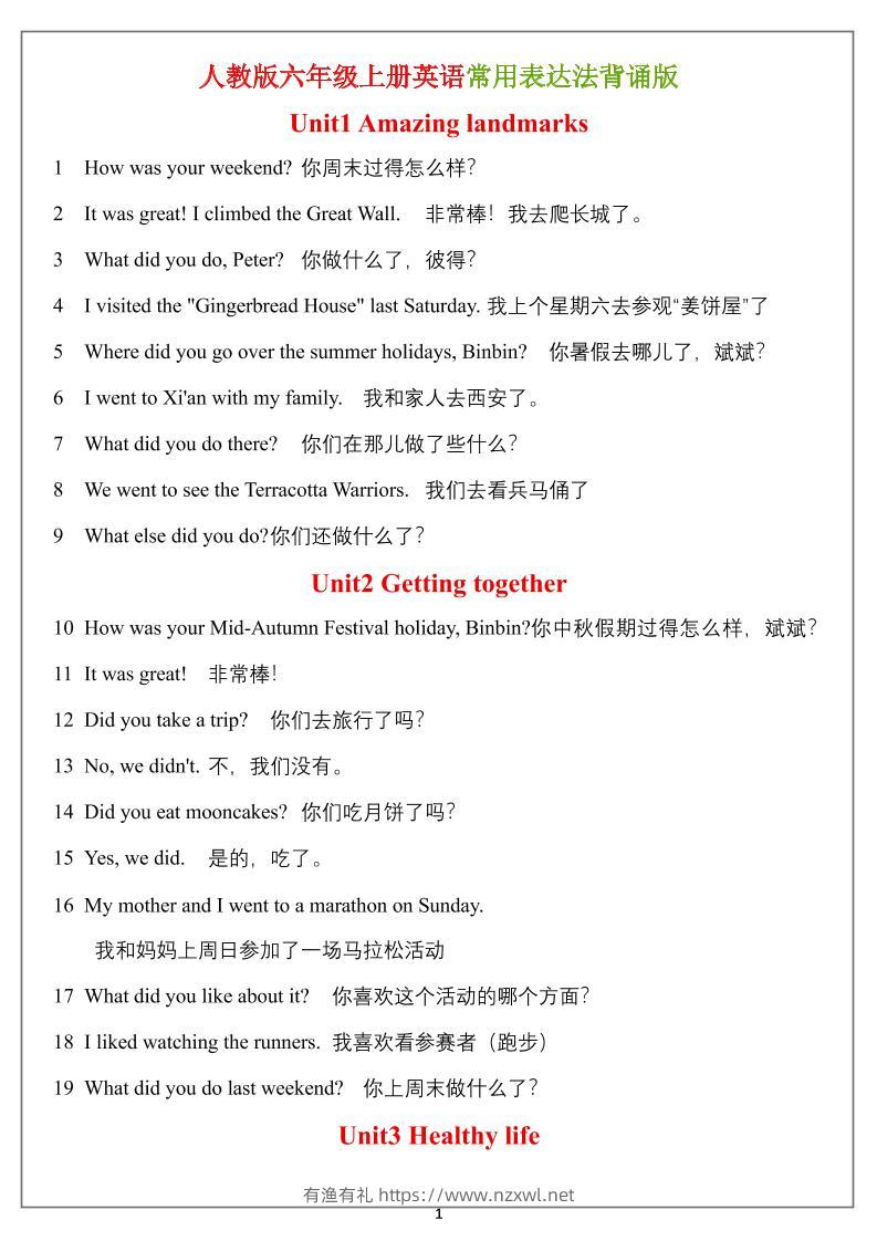 六年级上册英语常用表达法（背诵表）-有渔有礼