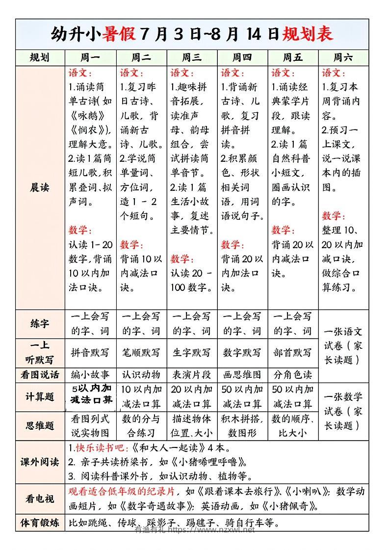 幼升小暑假规划表-有渔有礼