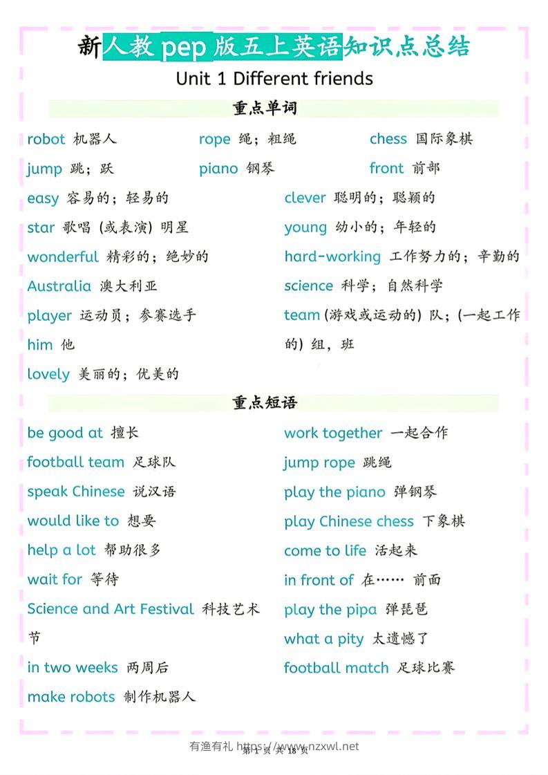 26秋新人教pep版五上英语知识点总结-有渔有礼