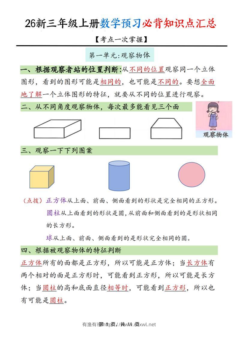 26新三上数学预习必背知识点汇总11页-有渔有礼
