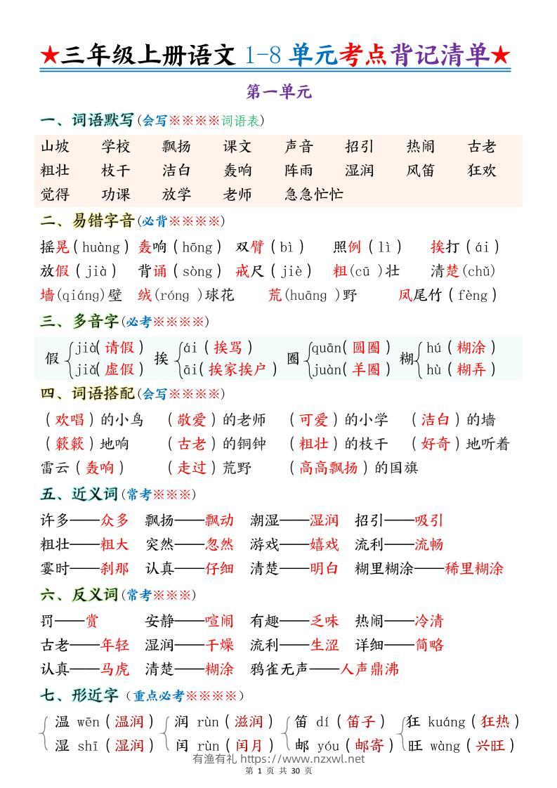 新三上语文1-8单元考点背记清单30页-有渔有礼