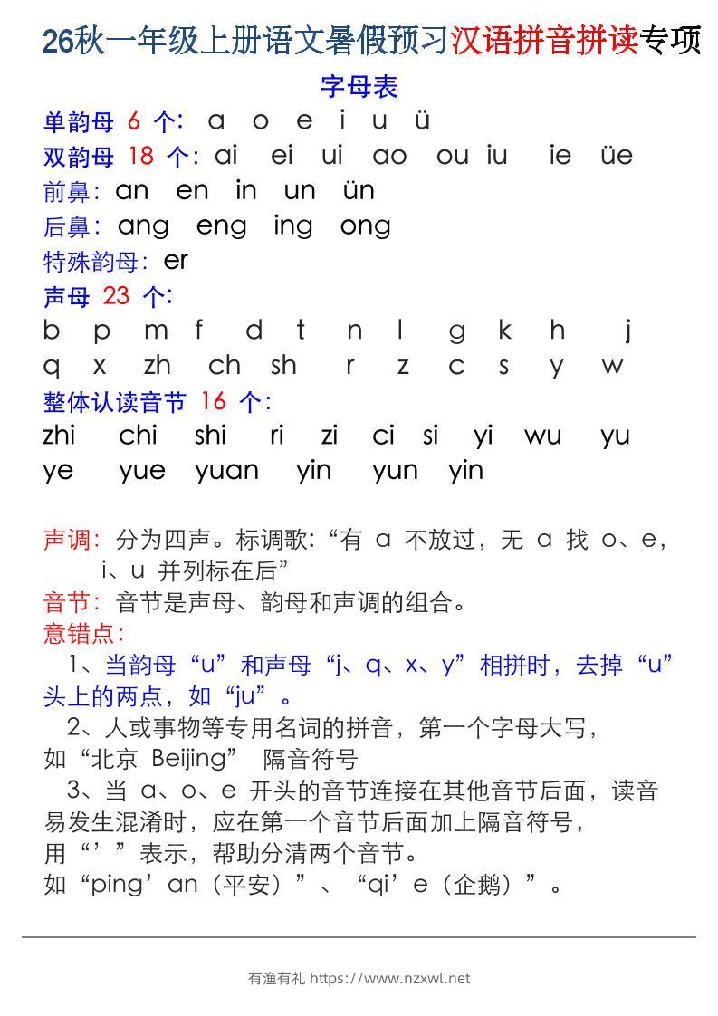 26秋一年级上册语文暑假预习汉语拼音拼读专项-有渔有礼