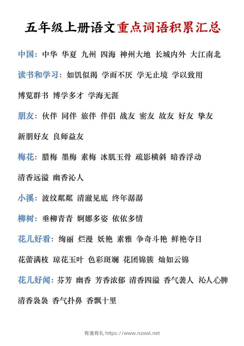 五年级上册语文重点词语积累汇总-有渔有礼