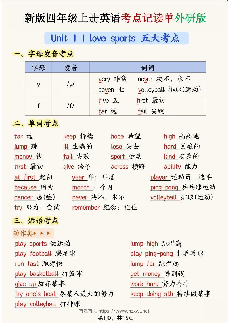 新版四年级上册英语考点记读单【外研版】-有渔有礼
