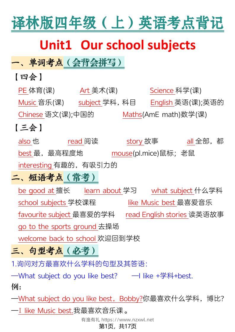 新四年级上册英语译林版考点背记-有渔有礼