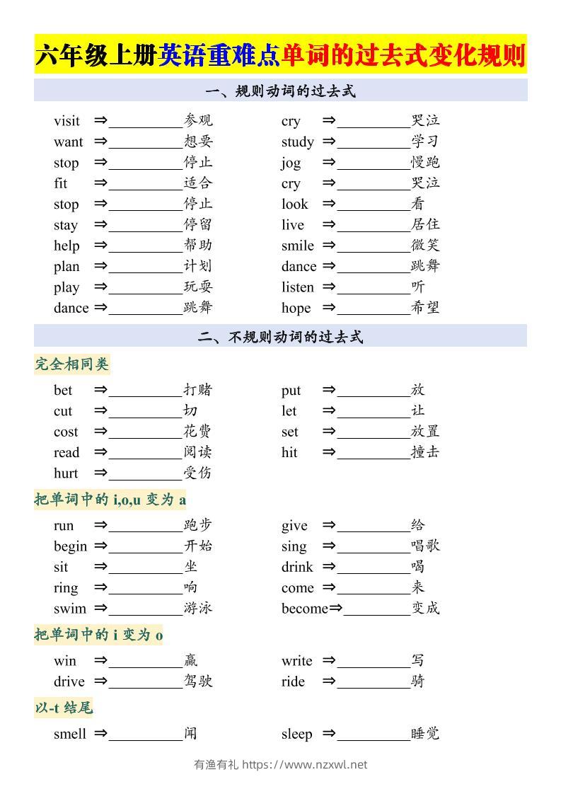 六上英语重点：动词的过去式变化专项-有渔有礼