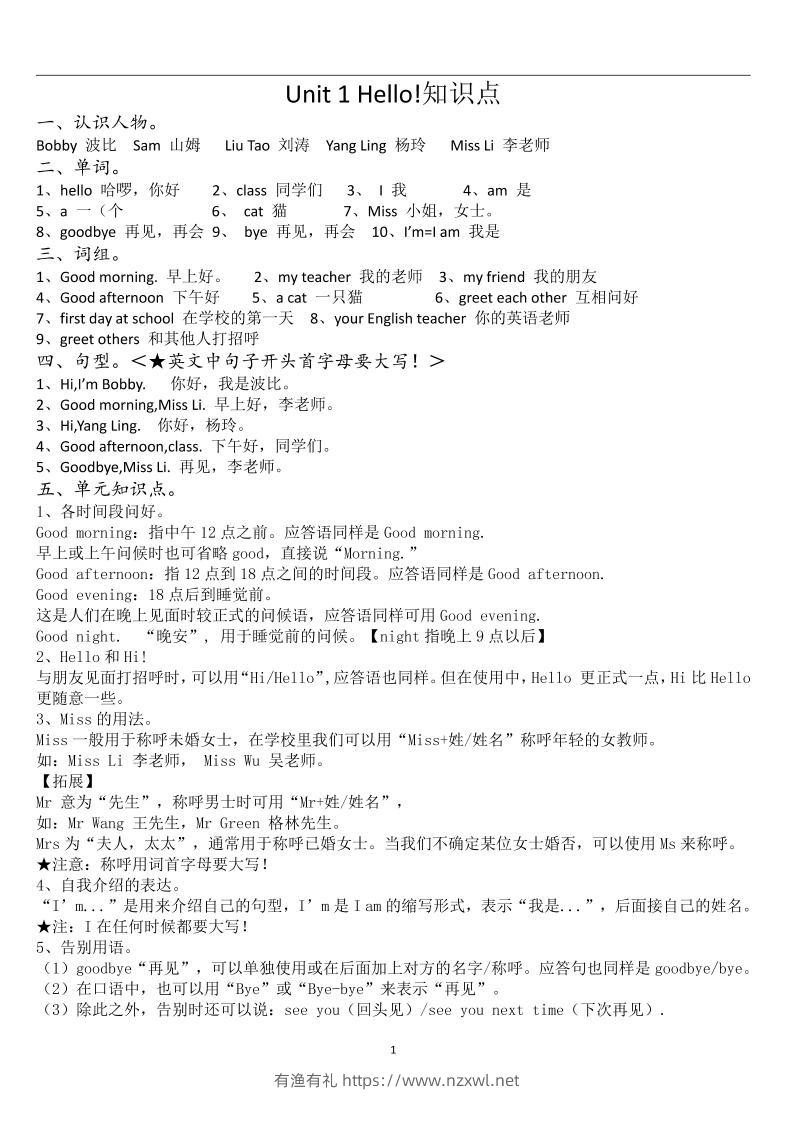 新译林版英语三上：U1-U8知识点梳理（共11页PDF）-有渔有礼
