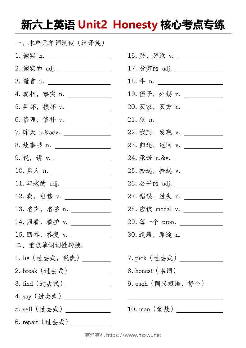 译林版《新六上英语Unit2Honesty核心考点专练》-有渔有礼