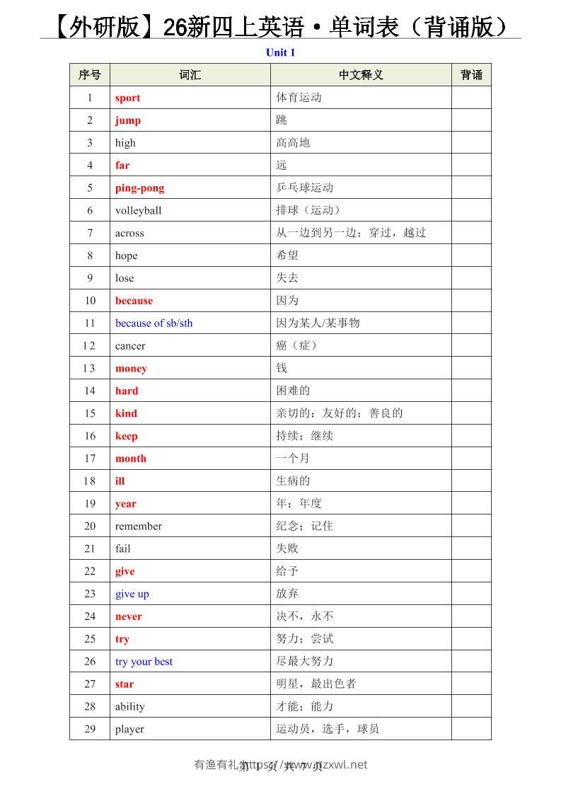 【外研版】26新四上英语·单词表（背诵版）-有渔有礼