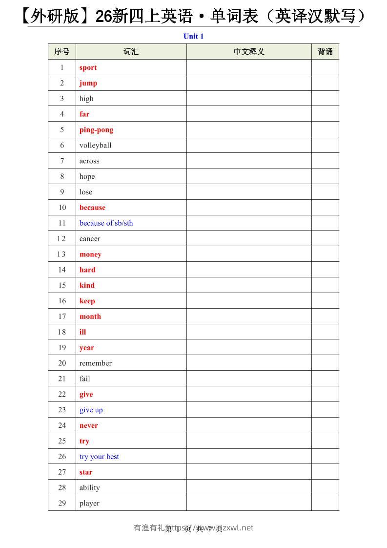 【外研版】26新四上英语·单词表（英译汉默写）-有渔有礼