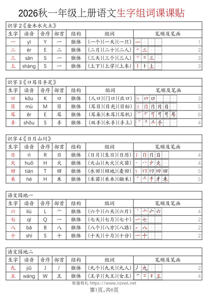 2026秋一年级上册语文生字组词课课贴-有渔有礼
