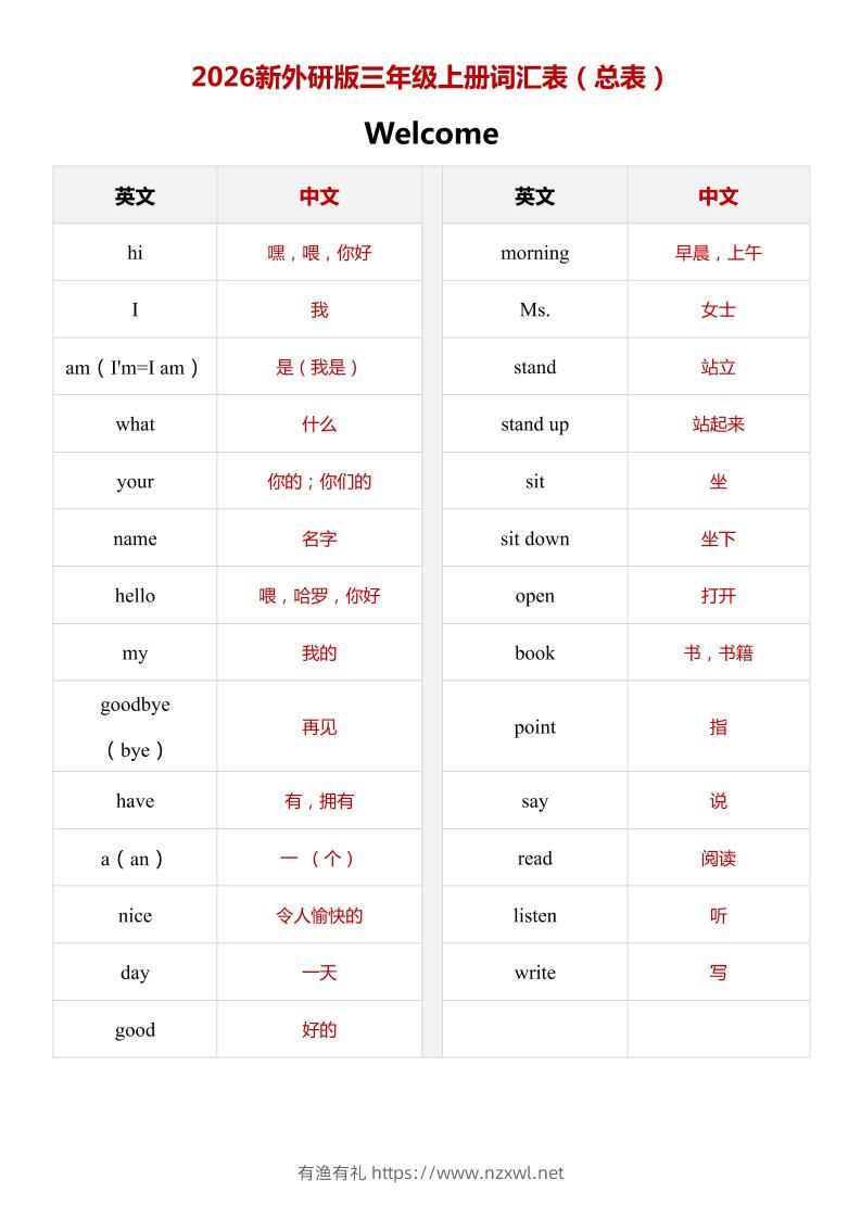 2026秋（外研版）英语三年级上册：单词表（总表）-有渔有礼