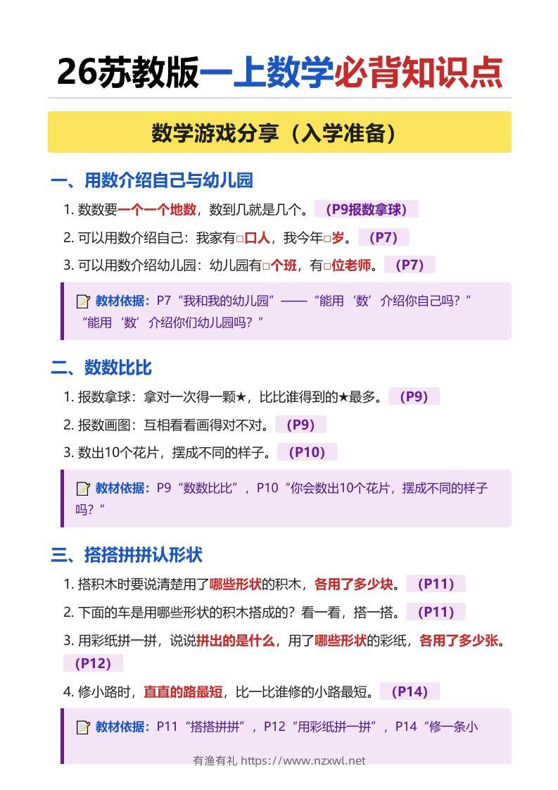 26苏教版一上数学必背知识点（全册）-有渔有礼