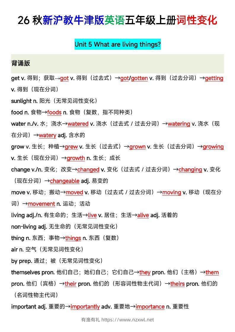 26秋沪教牛津版英语五年级上册U5-U8单词词性变化-有渔有礼