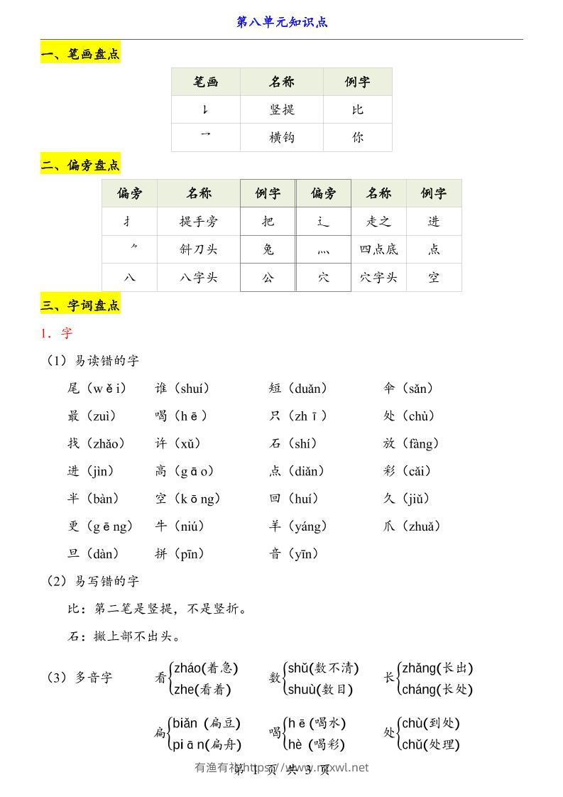 新一上语文第8单元（知识点）-有渔有礼
